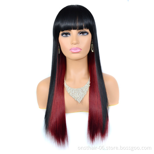 Black Mix Red Wigs Cosplay Long Bone Straight Hair Ombre Synthetic Wig With Bangs for Black Women Afro Heat Resistant Fibre